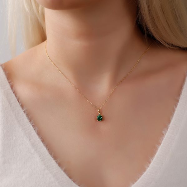 Silver Birthstone Necklace /Round Stone -May-Emerald