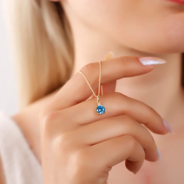 Silver Birthstone Necklace /Round Stone -December-Blue Topaz