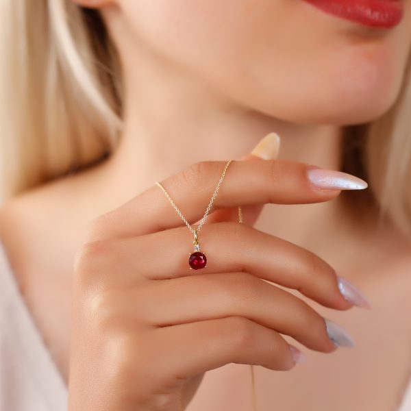 Silver Birthstone Necklace /Round Stone -July-Ruby