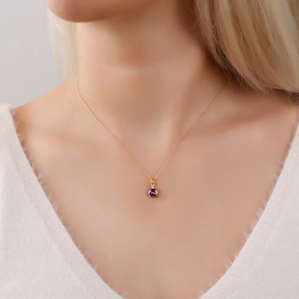 Silver Birthstone Necklace /Round Stone -February-Amethytst